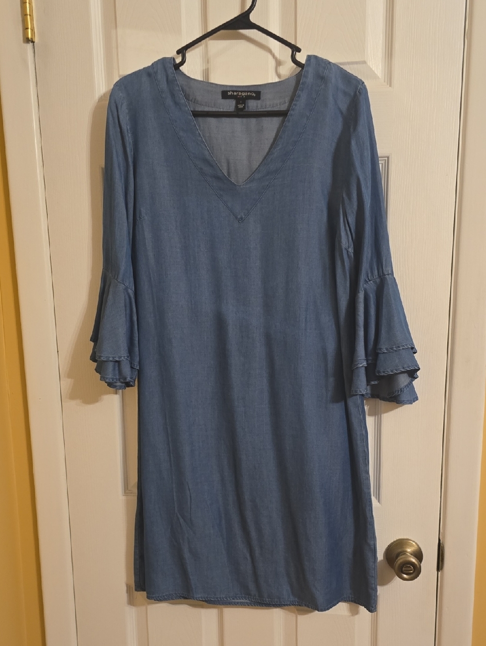 Blue Chambray V-Neck Tiered Sleeve Dress